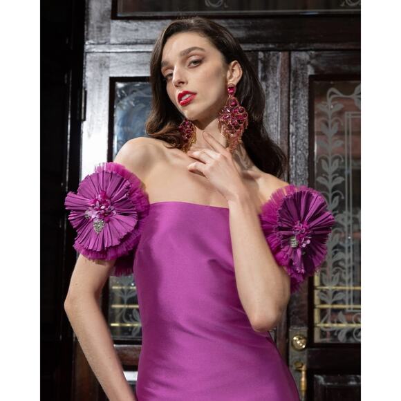 Badgley Mischka Mikado Mermaid Gown Off-Shoulder Pinwheel Flowers pink size 4 - Picture 15 of 15